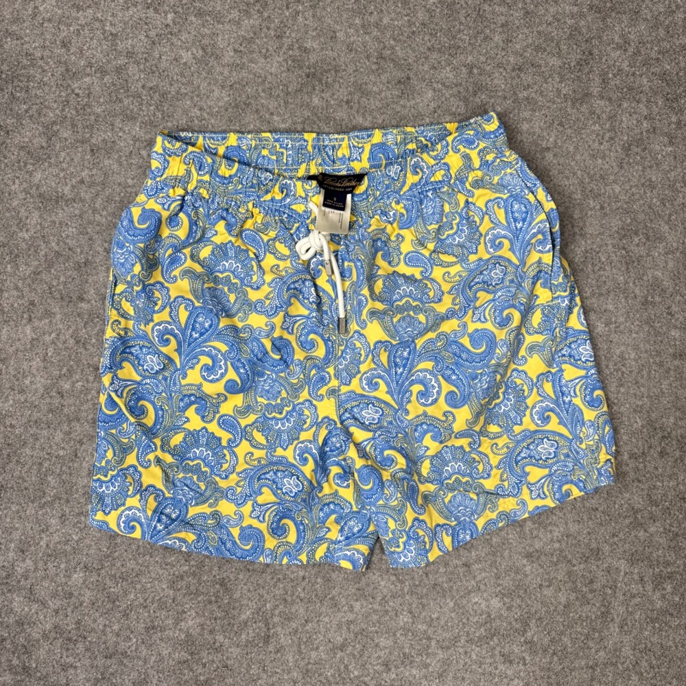 Brooks Brothers Mens Yellow Blue Paisley Swim Trunks Shorts Small Nylon 5 Inseam